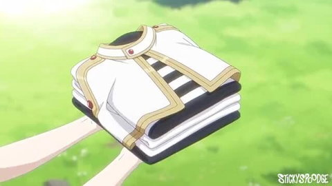 Folded anime school uniform held in hands outdoors, StickySpoodge hentai preview