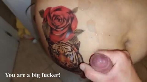 Dearly Emily's tattooed big ass with rose & tiger ink, wet pussy spread in shower