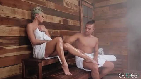 Jessa Rhodes foot fetish tease with Xander Corvus in sauna towel