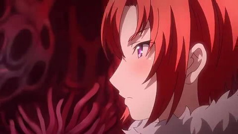 Kenki Virgo redhead JAV idol intense closeup gaze, seductive anime style