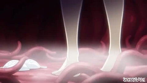Anime girl bare feet surrounded by pink tentacles in erotic hentai scene
