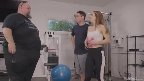 Blondie in gym threesome with fat bearded daddy and fit guy