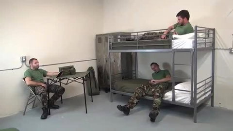 Three fit white soldiers relaxing in barracks bunks, military gay thumbnail