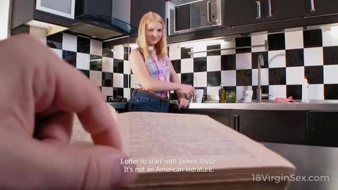 Lolly Small in kitchen offers book to guy POV, tiny blonde babe