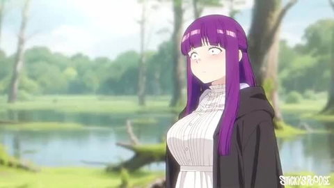 Purple-haired anime hentai girl in white dress and black cloak by lake, blushing eyes