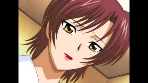 Seductive Japanese anime woman with brown hair, yellow eyes, red lips in JAV hentai