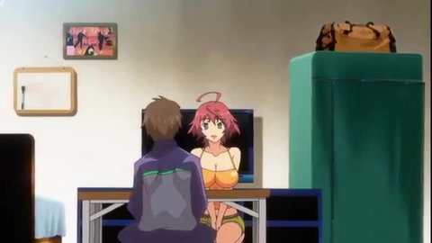 Pink-haired anime babe with huge tits flirts with guy in Baku Ane hentai