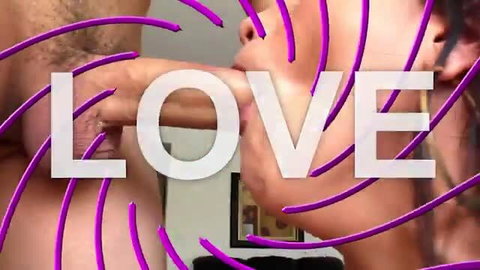 Sissy boys bimbo gay kiss with purple swirls and LOVE text overlay
