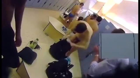 Crowded Asian locker room masturbation with multiple nude men stroking cocks