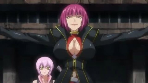 Taimanin Asagi hentai: busty pink-haired Oboro towers over petite Sakura in sexy uniforms