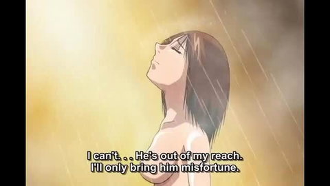 Anime hentai girl nude in rain, large breasts exposed, emotional expression