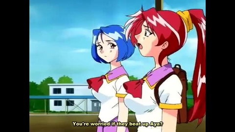 Two busty anime girls in tight school uniforms worried about Aya
