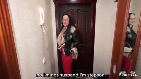 Stepmom's Friend in red dress and fur coat at door, stepson roleplay
