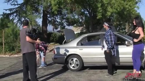 Next Friday BTS: Latina in tight leggings poses by car with guys, Zero Tolerance