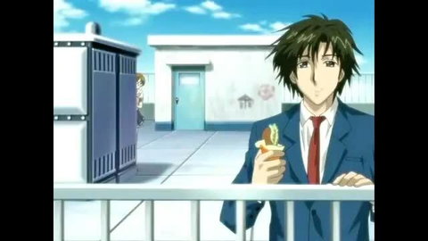 Green-haired anime guy in school uniform eating sub on rooftop