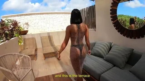 Big ass tanned brunette teases in thong bikini outdoors POV