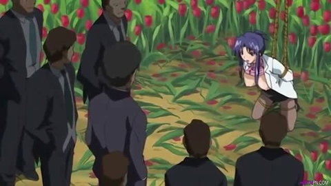 Anime girl with blue hair suspended by neck in tulip field, surrounded by suited men