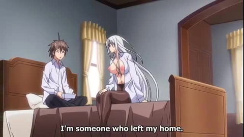 Anime hentai couple on bed, silver-haired big tits girl in bikini top skirt with brown-haired guy