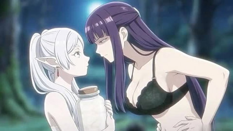 Frieren and Fern hentai lesbians kissing in lingerie under moonlight