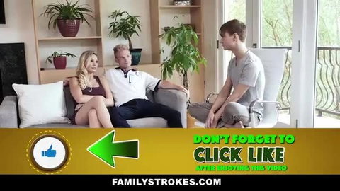 Blonde teen with stepdad and friend on couch in FamilyStrokes threesome