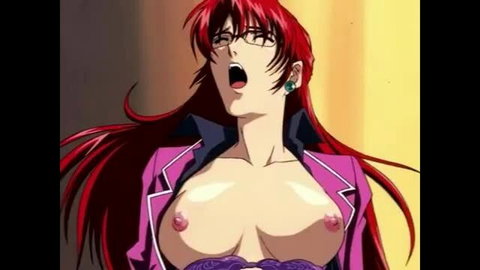 Redhead anime babe with huge tits in open blazer, ecstatic expression