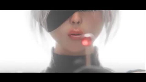 2B cosplay babe with eyepatch seductively licks red lollipop closeup