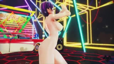 Nude purple-haired Asian babe poses topless in neon lights, big tits out