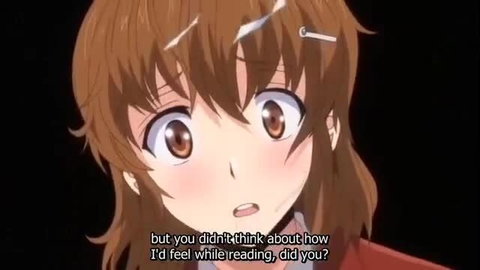 Cute anime girl with huge breasts blushes in Oppai Infinity hentai closeup