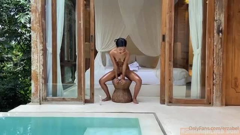 Erzabelx naked Asian beauty squatting on dildo by Bali pool villa
