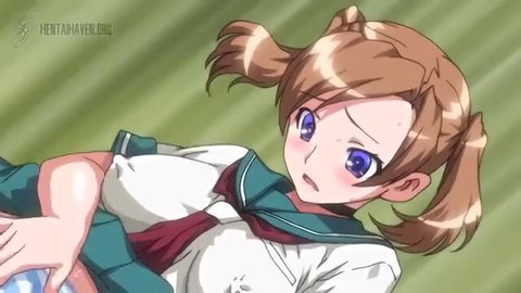 Busty anime schoolgirl in uniform with pigtails, big tits spilling out