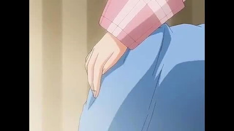 Anime hentai girl hand gripping blue pants bulge closeup, Inyouchuu vol 2