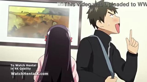 Anime couple watches hentai on TV, guy points excitedly, girl with long purple hair