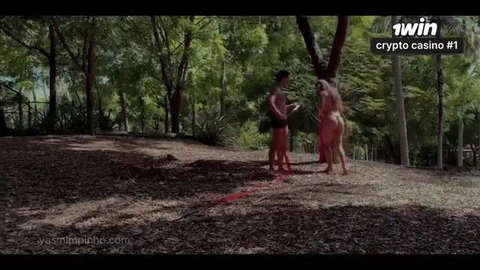 Nude busty blonde fucked outdoors by man in forest, amazing amateur sex