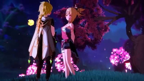 Yoimiya anime cosplay babes in skimpy outfits under cherry blossoms