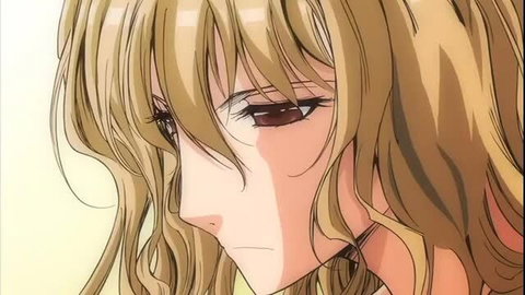 Closeup of seductive anime girl with long wavy blonde hair and red eyes