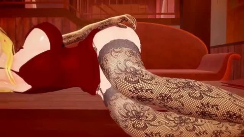 Blonde Lucy Heartfilia in red lingerie and lace stockings on couch