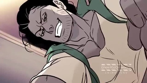 Intense anime man with long black hair smirks menacingly in GhostGo animation