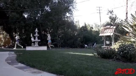 Bald pussies runners in thongs sprint past fountain in sunny park