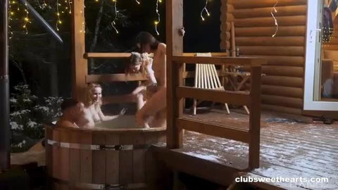 Nude Russian babes naked in snowy outdoor hot tub
