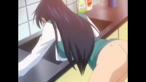 Anime girl in green swimsuit bent over sink showing huge ass cheeks