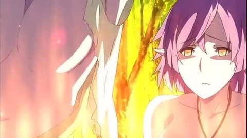 Pink-haired elf girl with yellow eyes in fiery forest Demonion Gaiden scene
