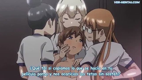 Anime schoolgirls grope trap boy's face in futanari orgy tease