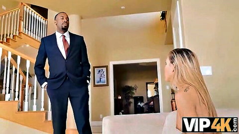 Blonde cutie caught topless by mom's black colleague in suit