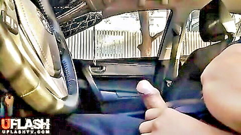 Amateur guy quick flashing erect cock in car interior POV