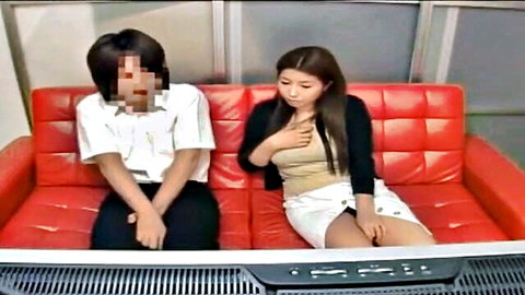 Monika as Japanese mom and son watch TV on couch in incest JAV preview