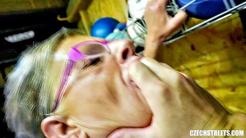 Rough hand gagging blonde MILF's mouth intensely in Czech gym POV