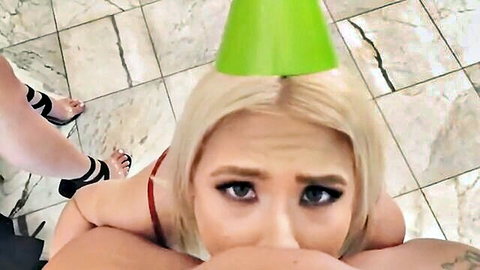 Blonde big tits big ass babe in party hat orgy doggy style fuck