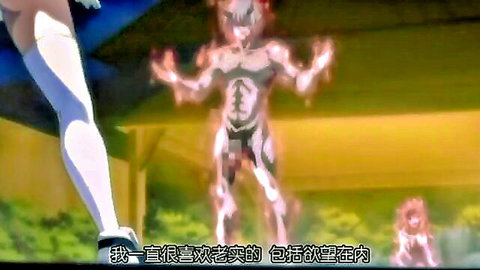 Anime redhead beauty in stockings with muscular glowing demon in lusty pose
