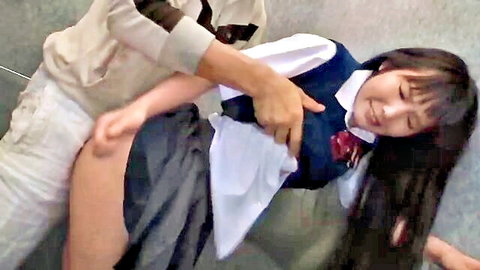 Asian schoolgirl in uniform groped by man on floor, skirt lifted