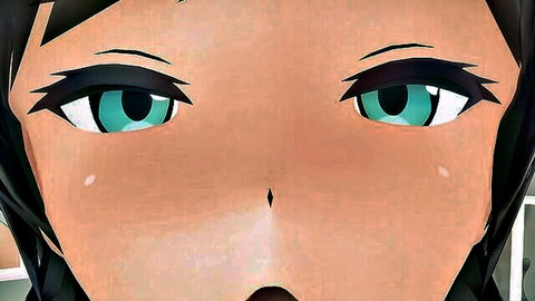 Close-up of sexy 3D anime girl's flushed face with big green eyes and open mouth in ecstasy
